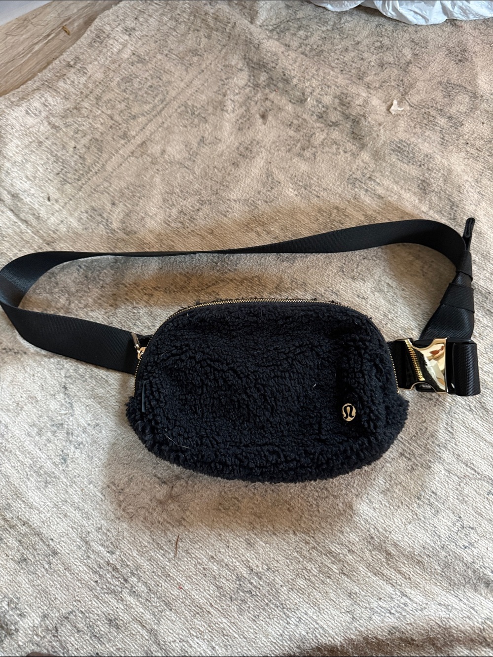 lululemon athletica Black Sherpa Crossbody Belt Bag with Gold Buckle